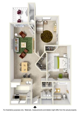 A floor plan of a house with a living room, kitchen, and two bedrooms.